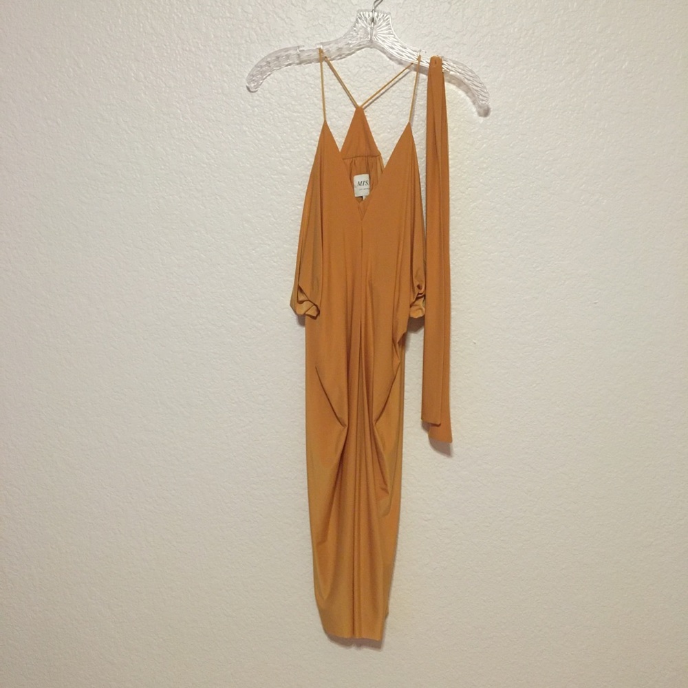Misa Los Angeles Gold Tie Domino Midi Cocktail Dress